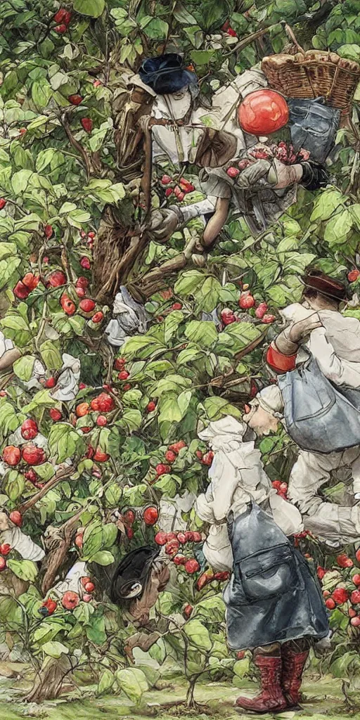 Image similar to oil painting scene from apple gardeners by kim jung gi