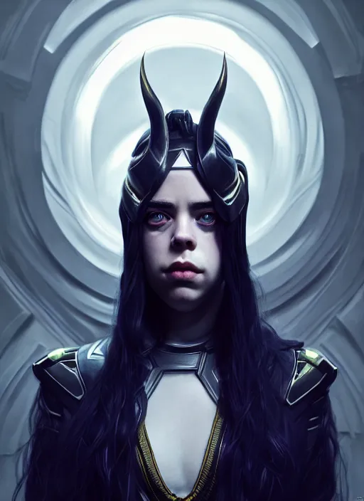 Image similar to Billie Eilish as female loki by, hyper detail, hyper realistic, octane render, noir, gorgeous symmetrical face, elegant, intricate, studio lighting, by Greg rutkowski