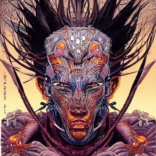 Prompt: portrait of crazy tribal man, symmetrical, by yoichi hatakenaka, masamune shirow, josan gonzales and dan mumford, ayami kojima, takato yamamoto, barclay shaw, karol bak, yukito kishiro