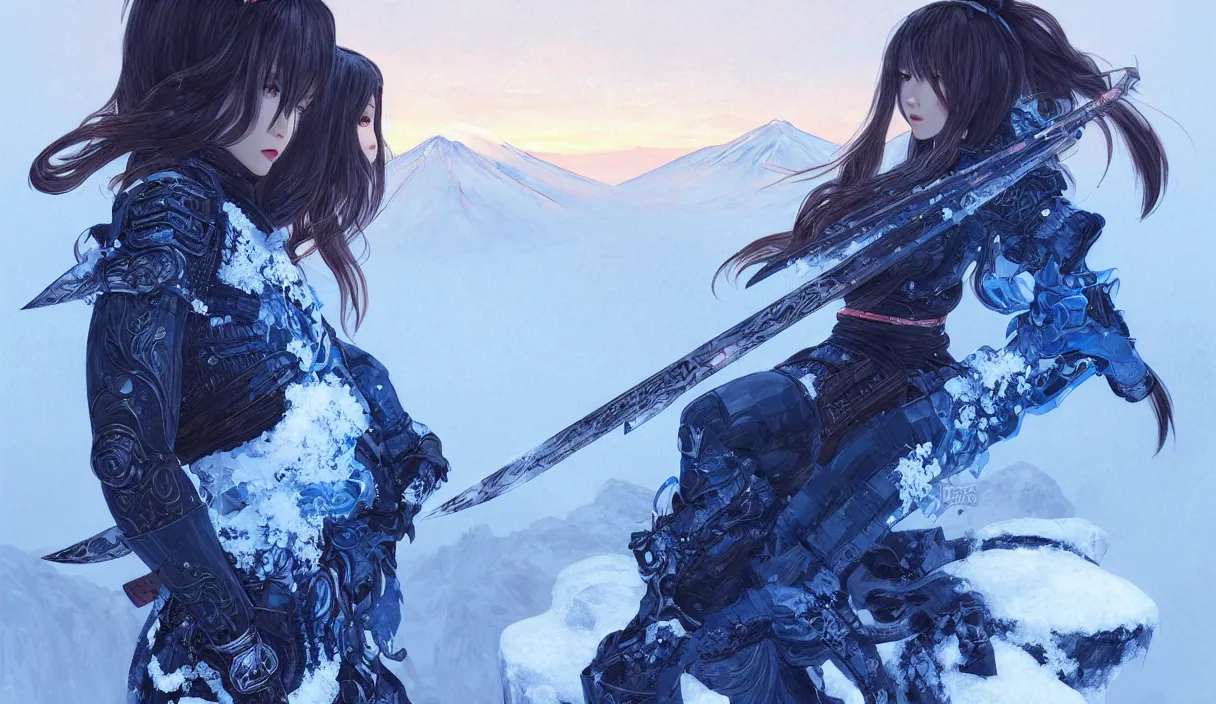 Image similar to portrait ninja gaiden girl, black and blue ninja wardrobe, at snowy fuji mountain sunrise, ssci - fi and fantasy, intricate and very very beautiful, detailed, digital painting, artstation, concept art, smooth and sharp focus, illustration, art by tian zi and wlop and alphonse mucha