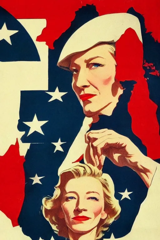Prompt: american propaganda poster with cate blanchett calling on the world community to fight against Nazism, Ultra Detailed, soviet realism