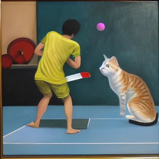 Prompt: Dous gatos xogando ao ping-pong sobre fondo laranxa, oil painting
