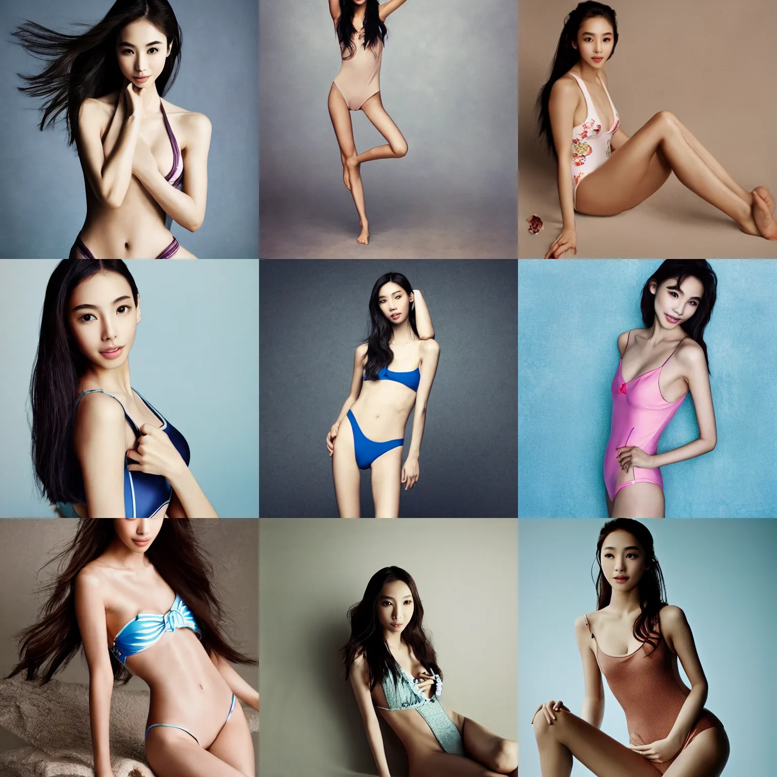 Prompt: Photo of Angelababy in swimsuit, soft studio lighting, photo taken by Anne Liebovitz for Abercrombie and Fitch, award-winning photograph, 24mm f/1.4