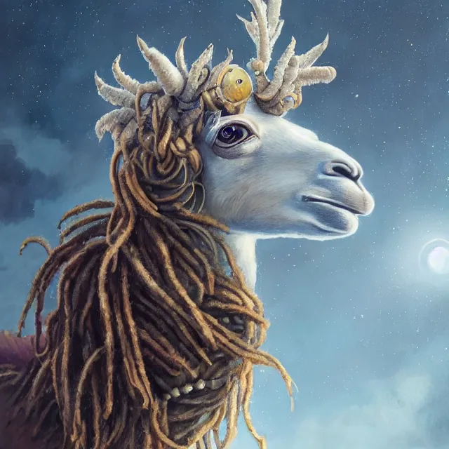 Prompt: llama with dreadlocks, industrial sci-fi, by Mandy Jurgens, Ernst Haeckel, James Jean
