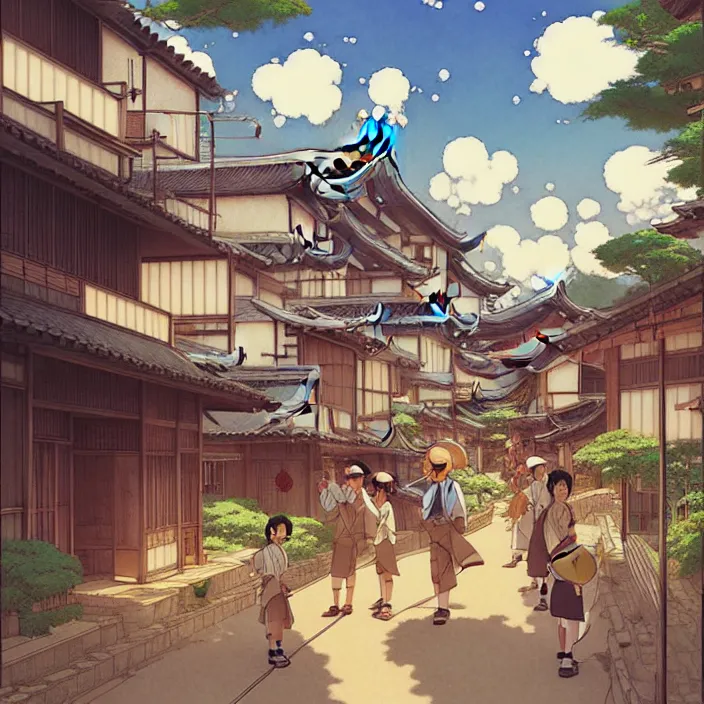 Image similar to japanese rural town, summer, in the style of studio ghibli, j. c. leyendecker, greg rutkowski, artem