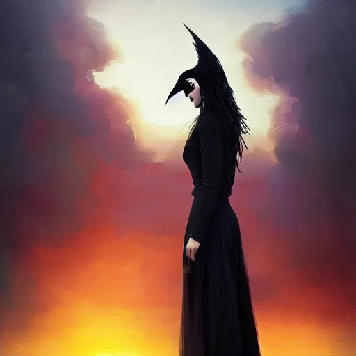 Image similar to morning, a woman in a black dress with a raven head. no face. sun, cinematic, clouds, vogue cover style, contracting colors mood, realistic painting, intricate oil painting, high detail, figurative art, poster art, by simon bisley, ismail inceoglu, wadim kashin, filip hodas. pixar theme.