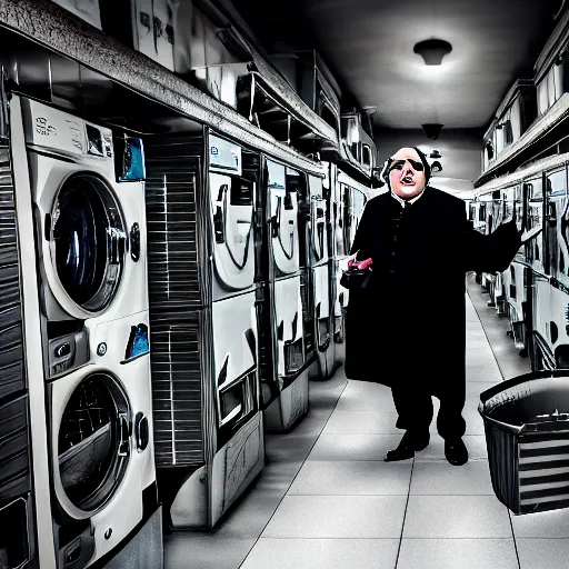 Prompt: danny devito as the penguin batman returns doing laundry ( sony a 7 r iv, symmetric balance, polarizing filter, photolab, lightroom, 4 k, dolby vision, photography awardm, voque, perfect face )