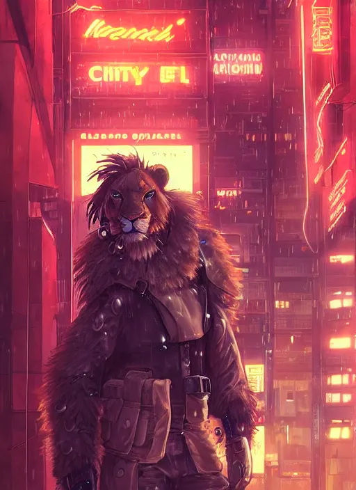 Prompt: beautiful portrait commission of a male furry anthro lion wearing a bullet proof vest and cargo pants. Cyberpunk city at night in the rain. Neon light. Atmospheric. Character design by charlie bowater, ross tran, artgerm, and makoto shinkai, detailed, inked, western comic book art