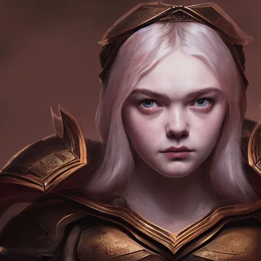 Image similar to front centered symmetrical portrait, Elle Fanning as a D&D paladin, dramatic lighting, cinematic, establishing shot, high detail, photo realistic, cinematic lighting, post processed, 8k, concept art, artstation, matte painting, in the style of eddie mendoza, raphael lacoste, alex ross