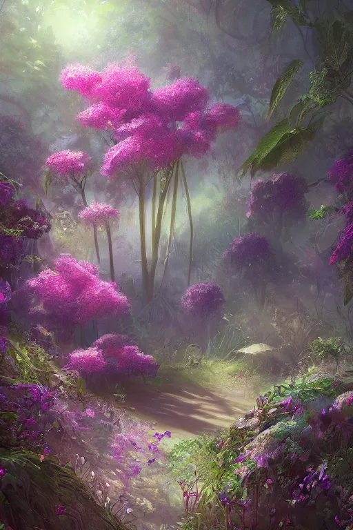 Image similar to beautiful digital matter cinematic painting of whimsical botanical illustration o bellflower hidden thicket, whimsical scene bygreg rutkowki artstation