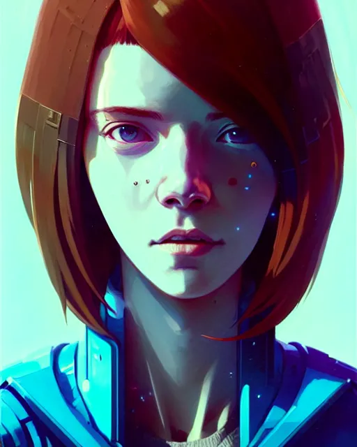 Prompt: cyberpunk synth, hyper - realistic detailed portrait of a smiling girl, red hair, by atey ghailan, by greg rutkowski, by greg tocchini, by james gilleard, by joe fenton, by kaethe butcher, 8 k, very intricate, dynamic lighting, gradient light blue, brown, blonde cream and white color scheme, sharp focus, grunge aesthetic