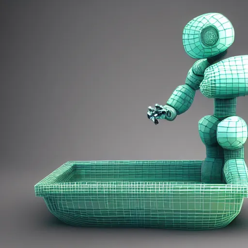 Prompt: A robot in a bathtub filled with money, 3d render