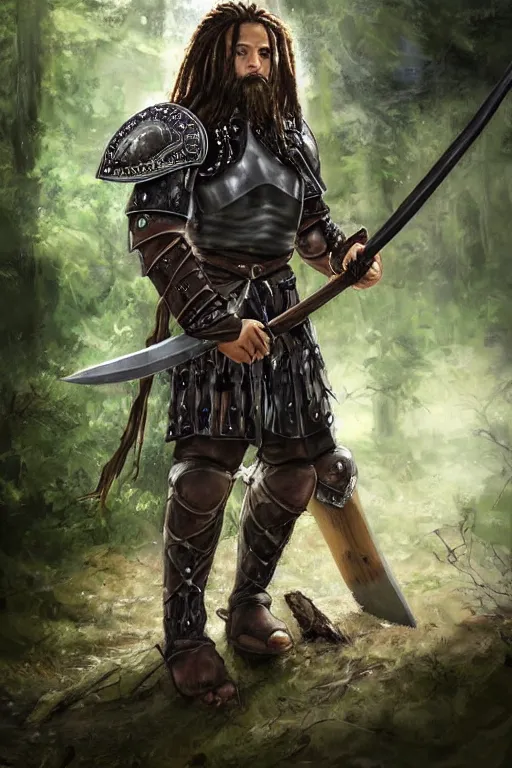 Prompt: Picture of an teenager male warrior, baggy eyes, light bown iris, wielding an axe on each hand, long curly hair, dreadlocks, stubble beard, very light brown skin!, black shirt underneath armor, mixed leather armor, blue colored, in the forest, ready for combat, high fantasy, by WLOP, Genzoman, Sakimichan and Frank Franzzeta, trending on artstation, artstationHD, artstationHQ, good, octane, cgsociety, HD, extremely detailed, detailed face!, HD 16k