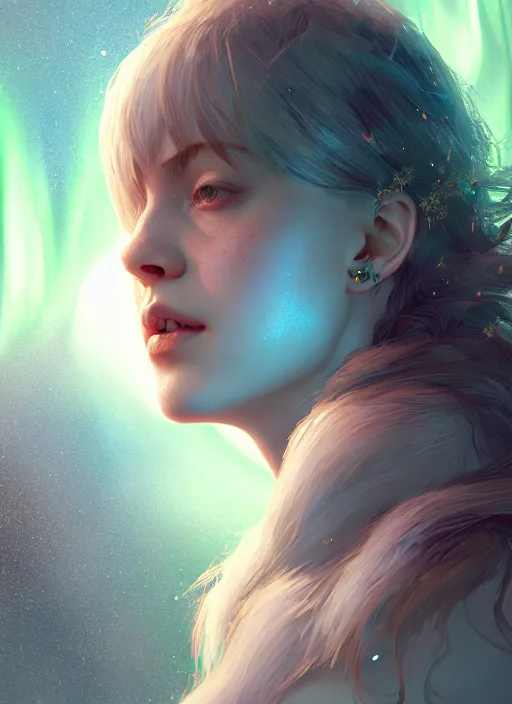 Image similar to aurora, half the world away, au naturel, hyper detailed, digital art, trending in artstation, cinematic lighting, studio quality, smooth render, unreal engine 5 rendered, octane rendered, art style by klimt and nixeu and ian sprigger and wlop and krenz cushart