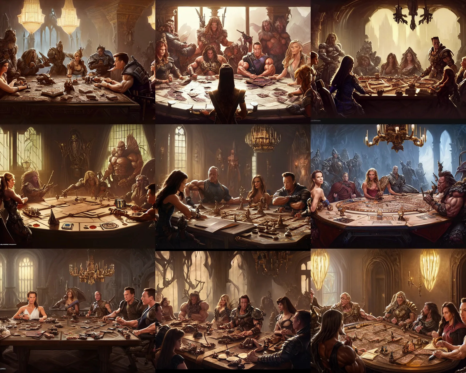 Prompt: film still dnd, arnold schwarzenegger, kate beckinsale, charlize theron, elon musk sit at table playing dnd, 8 k, deep focus, d & d, fantasy, intricate, elegant, highly detailed, digital painting, artstation, concept art, matte, sharp focus, illustration, hearthstone, art by artgerm and greg rutkowski and alphonse mucha