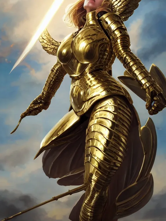 Prompt: picture of fully armored valkyrie, norse myth, brass plated, golden wings, divine vibes, light brown hair, white skin, shiny golden eyes, pretty, sky background, sharp focus, highly detailed, cinematic lighting, studio quality, smooth render, unreal engine 5 rendered, octane, rendered, by artgerm, greg rutkowski, alphonse mucha