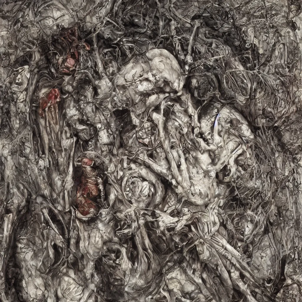 Image similar to realistic shot bloody bones, organs and flesh, biomechanical technology, natural light, by h r giger