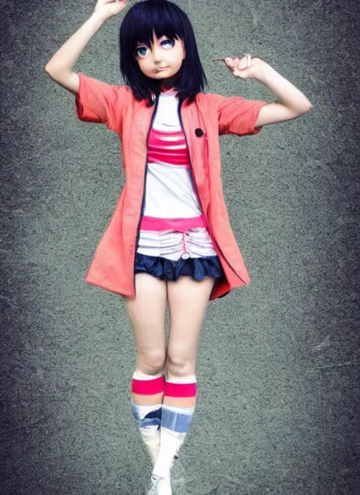 Image similar to drawn anime girl, cute outfit, posing, crayon art, very silly looking, very anime