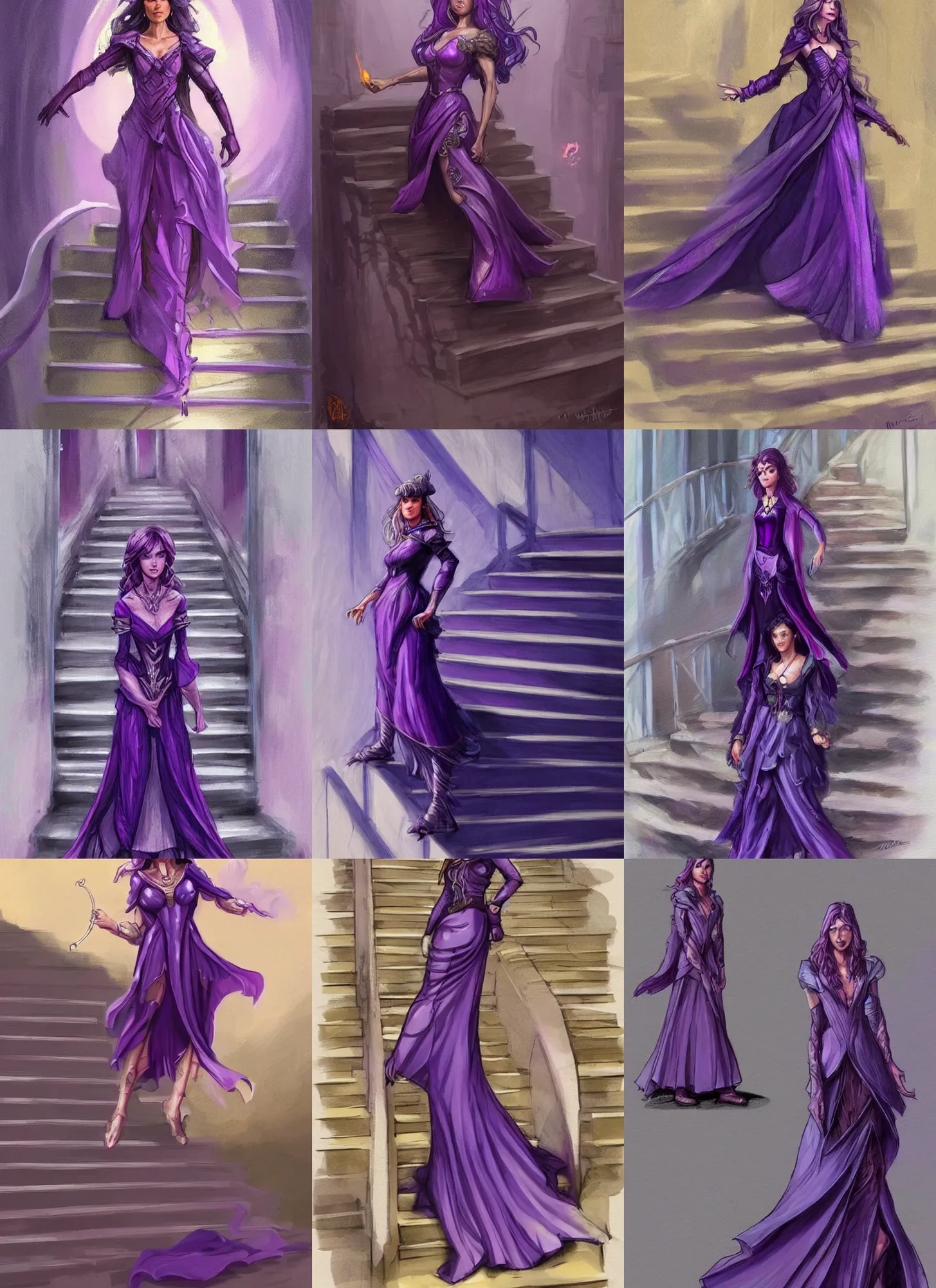 Prompt: a woman in a purple dress standing on some stairs, concept art by Magali Villeneuve, featured on Artstation, fantasy art, wiccan, official art, d&d