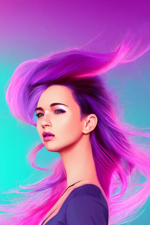 Image similar to a award winning half body porttrait of a beautiful woman in a croptop with ombre purple pink teal hairstyle with head in motion and hair flying, outrun, vaporware, shaded flat illustration, digital art, trending on artstation, highly detailed, fine detail, intricate