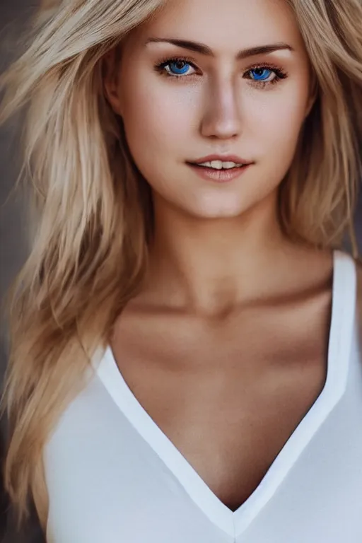 Image similar to 2 4 year old professional blonde female wearing white v - neck top, neck zoomed in, photo realistic, extreme detail skin, no filter, slr, golden hour, 4 k, high definition, photograph, selfie