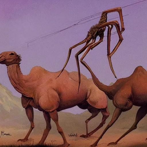 Image similar to a mauve camel with many long, spindly spider legs, painting by frank frazetta