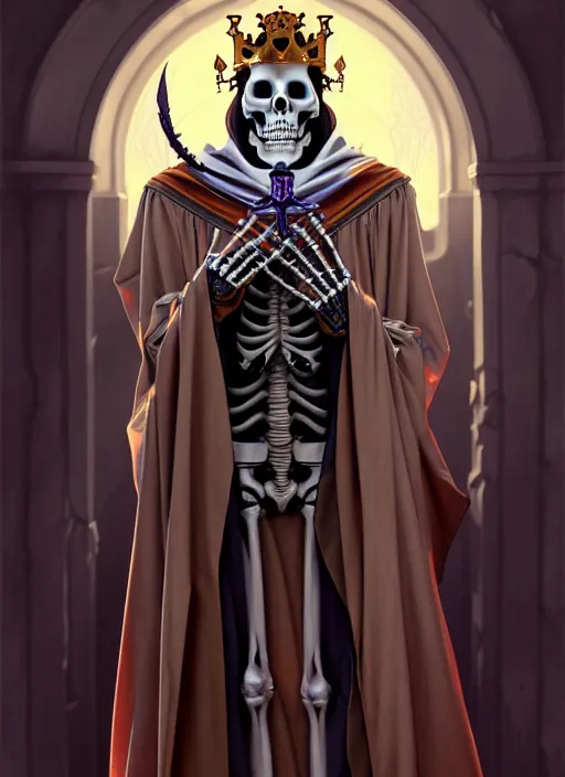 Image similar to undead skeleton king, wearing an academic gown, tarot card, highly detailed, deep focus, elegant, digital painting, smooth, sharp focus, illustration, ultra realistic, 8 k, art by artgerm and alphonse mucha and greg rutkowski