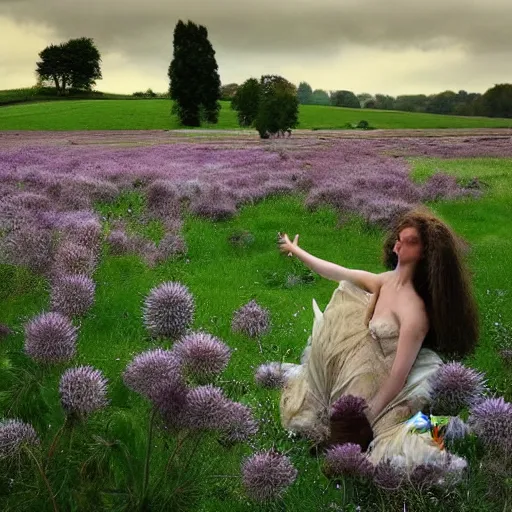 Prompt: thistles, dew on the grass, sun, woman and a swan. a meadow, late english summer. folk horror style. beautiful. gothic. dreamy. realistic