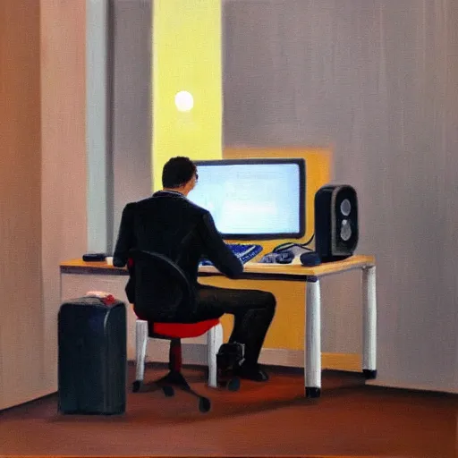 Image similar to viktor orban programming a computer in a cubicle, oil painting