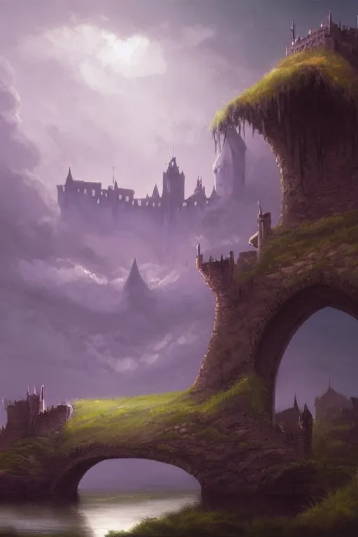 Prompt: hills bridge moat castle concept art gothic fantasy sky, andreas rocha style