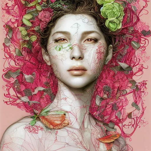 Image similar to the portrait of an absurdly beautiful, graceful, elegant, young woman made of strawberries and green petals, an ultrafine hyperdetailed illustration by kim jung gi, irakli nadar, intricate linework, bright colors, octopath traveler, final fantasy, angular, unreal engine 5 highly rendered, global illumination, radiant light, detailed and intricate environment