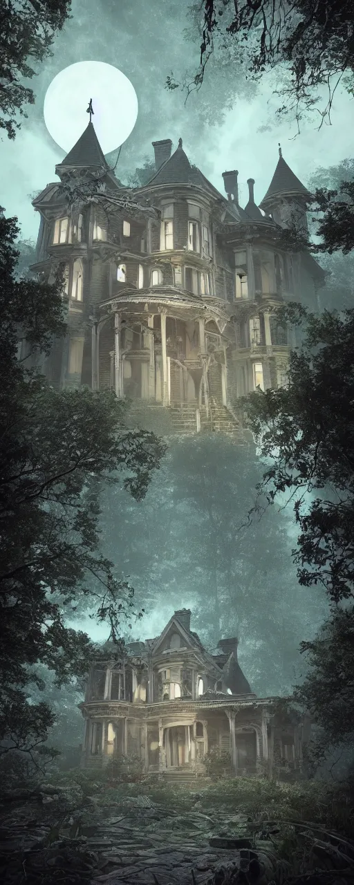 Image similar to A haunted Mansion in the middle of the woods at night during the Lunar Eclipse, evil, demonic, enchanting, angelic, flowers, nature, city, symmetry, environment concept, cinematic, Rendered in Octane, trending on artstation, cgsociety, moody lighting rendered by octane engine, environment 8K artstation, cinematic lighting, intricate details, 8k detail post processing, hyperealistic, octane render, photo realism, visually inspired by Stephen King