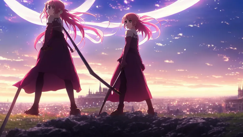 Image similar to emma watson in heavens feel movie, demon slayer, ufotable, kyoani, high quality, key visual, cinematic, city background, night time, rooftop, fate stay night, unlimited blade works, greg rutkowski, high resolution, dynamic pose, extreme close up, rin outfit, anime, high angle, high budget