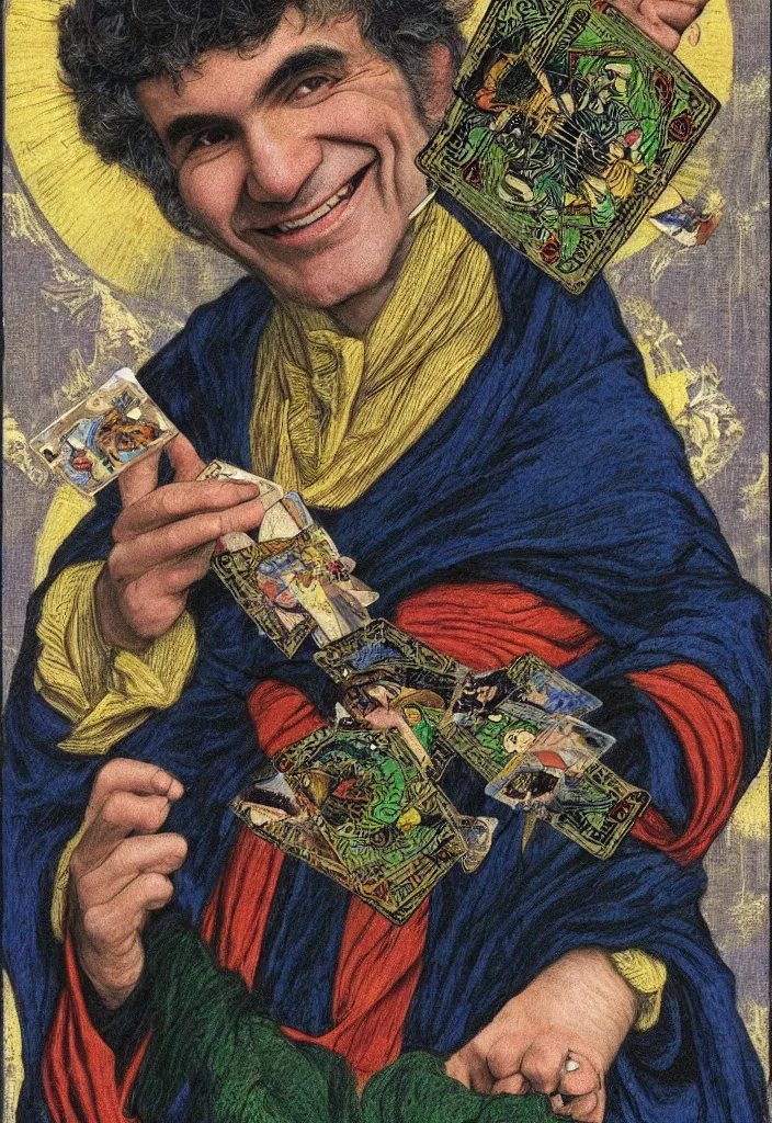 Image similar to Yoshua Bengio smiling on the Tarot card. Illustration by preraphaelists.