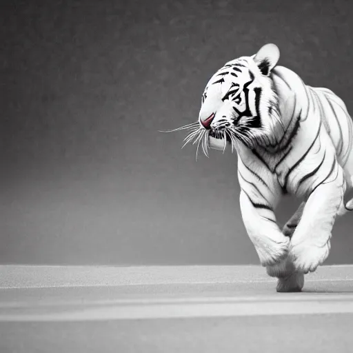 Image similar to realistic photo shot of a white tiger running fast | cinematic photo | cinematic shot | epic | 8k resolution | realistic | hyperrealistic