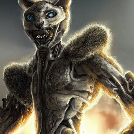 Image similar to a humanoid with cat-like features, yellow eyes, teeth that protrude past the lower lip (sort of like a saber-tooth tiger) and fine grayish fur on their faces and backs of their hands wearing futuristic alien armor and carrying weapons, octane,