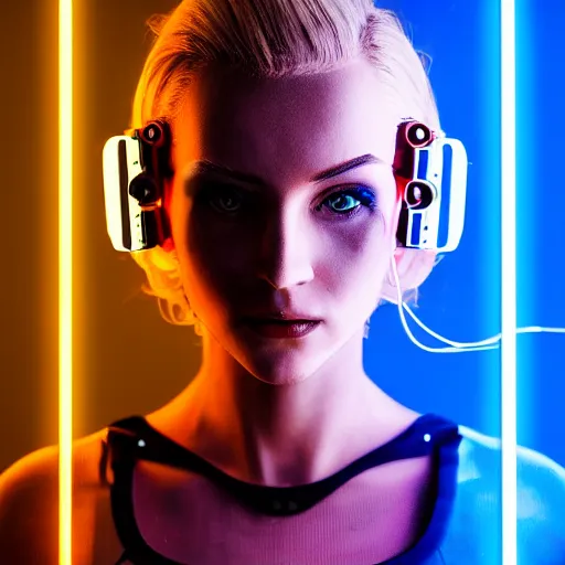 Image similar to A beautiful blonde model who is half of a robot with wires coming out of her head, Cyberpunk, neon, 60s, Sony a7R IV, symmetric balance, polarizing filter, Photolab, Lightroom, 4K, Dolby Vision, Photography Award