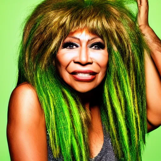 Prompt: tina turner portrait, green turnip hair leaves, colored, dslr, photoshoot