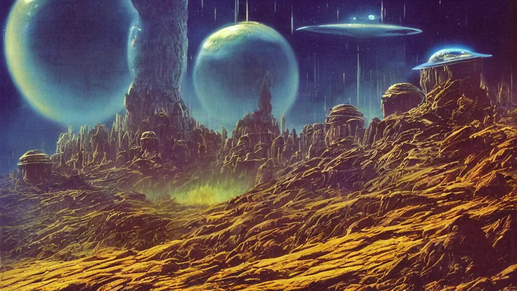 Prompt: eerie atmospheric alien planet empire by angus mckie and bob eggleton and chris moore, epic cinematic matte painting