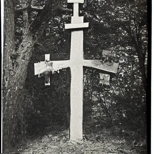 Prompt: abandoned occult ritual site, crosses and crucifixes hanging, 1910 Polaroid photo, scary