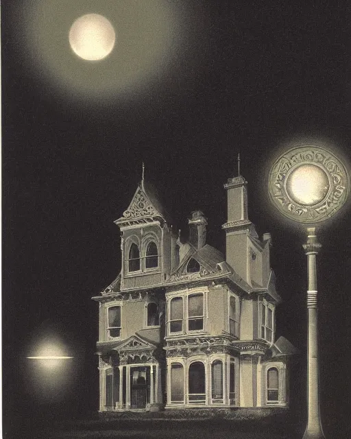 Prompt: a wide angle low photo of a ghostly victorian mansion at night lit by spectral glowing orbs by thomas blackshear