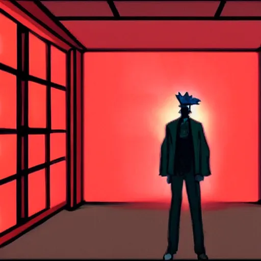 Image similar to godot from ace attorney standing in a room engulfed in red light, cinematic, bloom, breathtaking, illustration