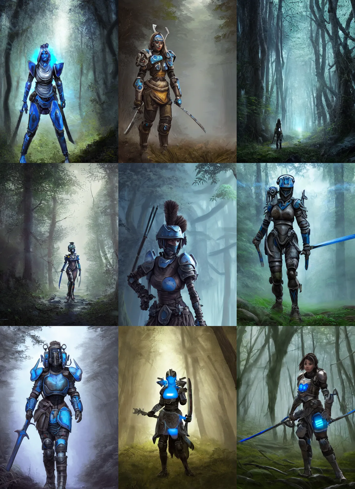 Prompt: a matte painting of a female warrior with glowing blue eyes wearing battle worn mechanical armor wielding twin swords walking through the forest plains of north yorkshire, misty forest, apex legends armor, good value control, concept art, digital painting, sharp focus, symmetrical, segmented armor, single character full body, 4k, illustration, rule of thirds, sci-fi, elden ring, centered, moody colors, moody lighting, atmospheric