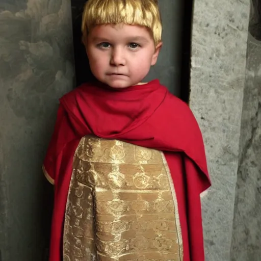 Prompt: child in roman emperor's clothing