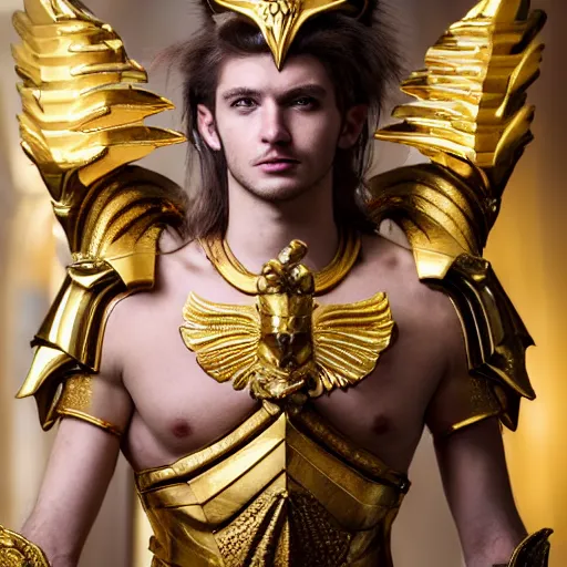 Prompt: A radiant, extreme long shot, photo of a 27-year-old Caucasian male wearing the Capricorn Gold Armor, Beautiful gold Saint, Jaw-Dropping Beauty, gracious, aesthetically pleasing, dramatic eyes, intense stare, immense cosmic aura, from Knights of the Zodiac Saint Seiya, inside the Old Temple of Athena Greece,4k high resolution, Detailed photo, Photoshopped, Award Winning Photo, Deep depth of field, f/22, 35mm, make all elements sharp, at golden hour, Light Academia aesthetic, Socialist realism, by Annie Leibovitz