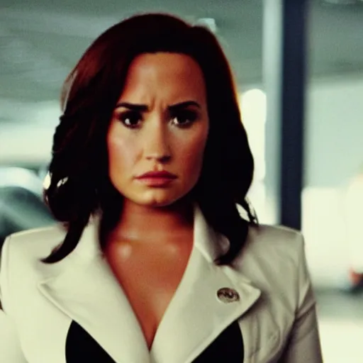 Image similar to close-up of Demi Lovato as Dana Scully with black hair in an X-Files movie directed by Christopher Nolan, movie still frame, promotional image, imax 35 mm footage