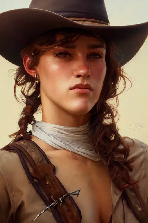 Image similar to photorealistic portrait of a young butch cowgirl woman, handsome, female, masculine, upper body, fantasy, fierce, sharp features, intricate, elegant, highly detailed, digital painting, artstation, concept art, matte, sharp focus, illustration, art by artgerm and greg rutkowski and alphonse mucha