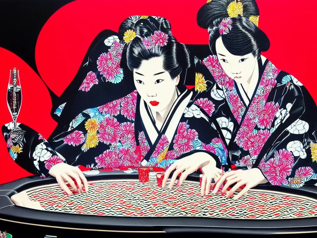 Image similar to hyperrealistic composition of the detailed woman in a japanese kimono sitting at a extremely detailed poker table with hyperdetailed darth vader, fireworks, mountain fuji on the background, pop - art style, jacky tsai style, andy warhol style, acrylic on canvas