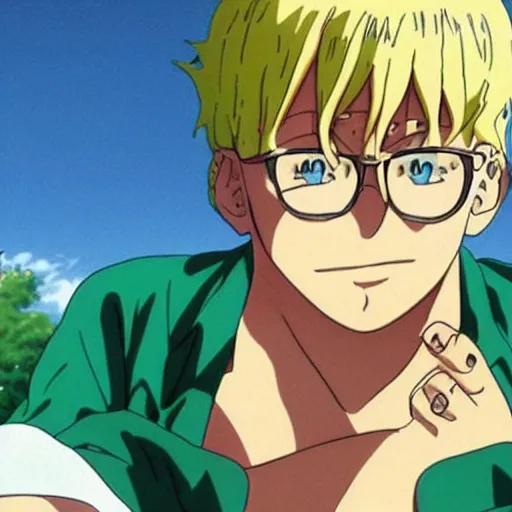 Prompt: A still of Jonah Hill with blonde hair wearing tie dye in One Piece Anime Series