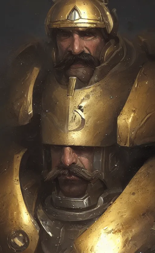 Image similar to portrait of a man with a bushy moustache wearing space marine armor, concept art, warhammer, moustache, fantasy, highly detailed, cinematic lighting, digital painting by greg rutkowski